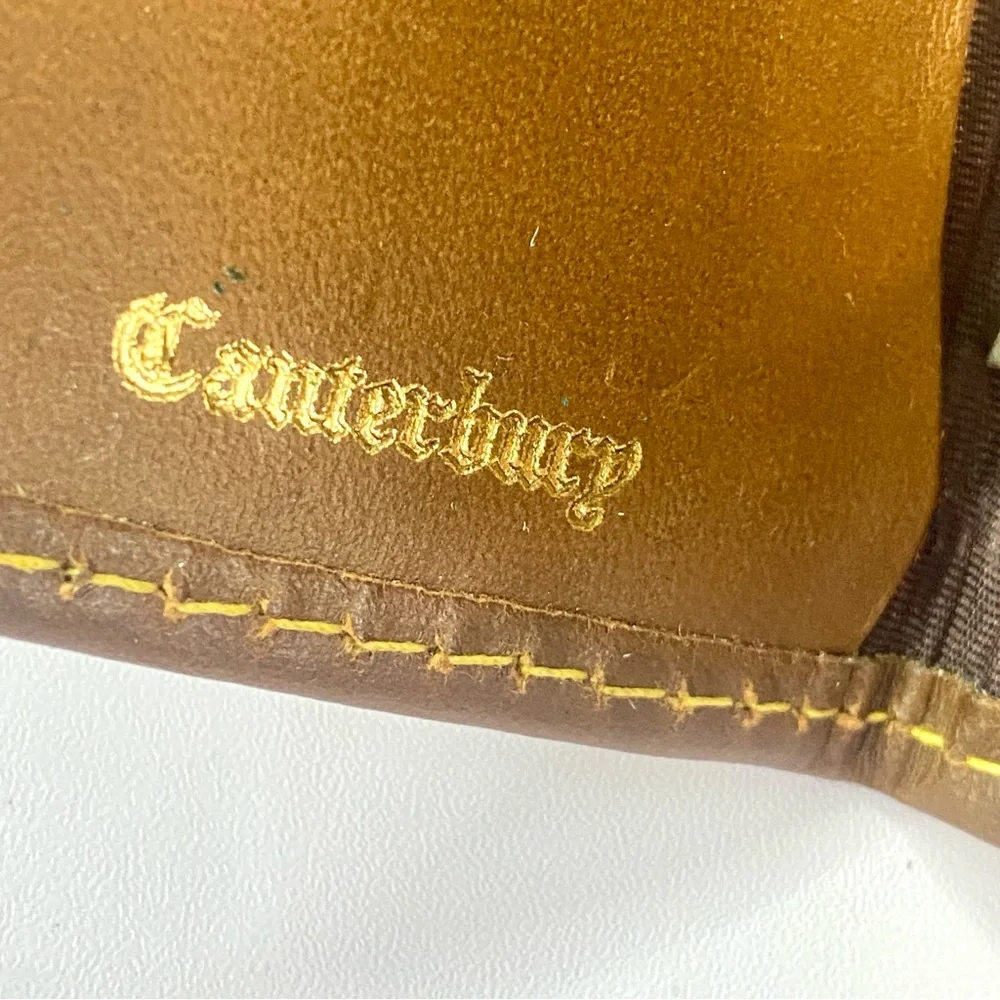 Canterbury Vintage 1980s Navy Plaid Key Holder Brown Leather Yellow Stitch Prepp